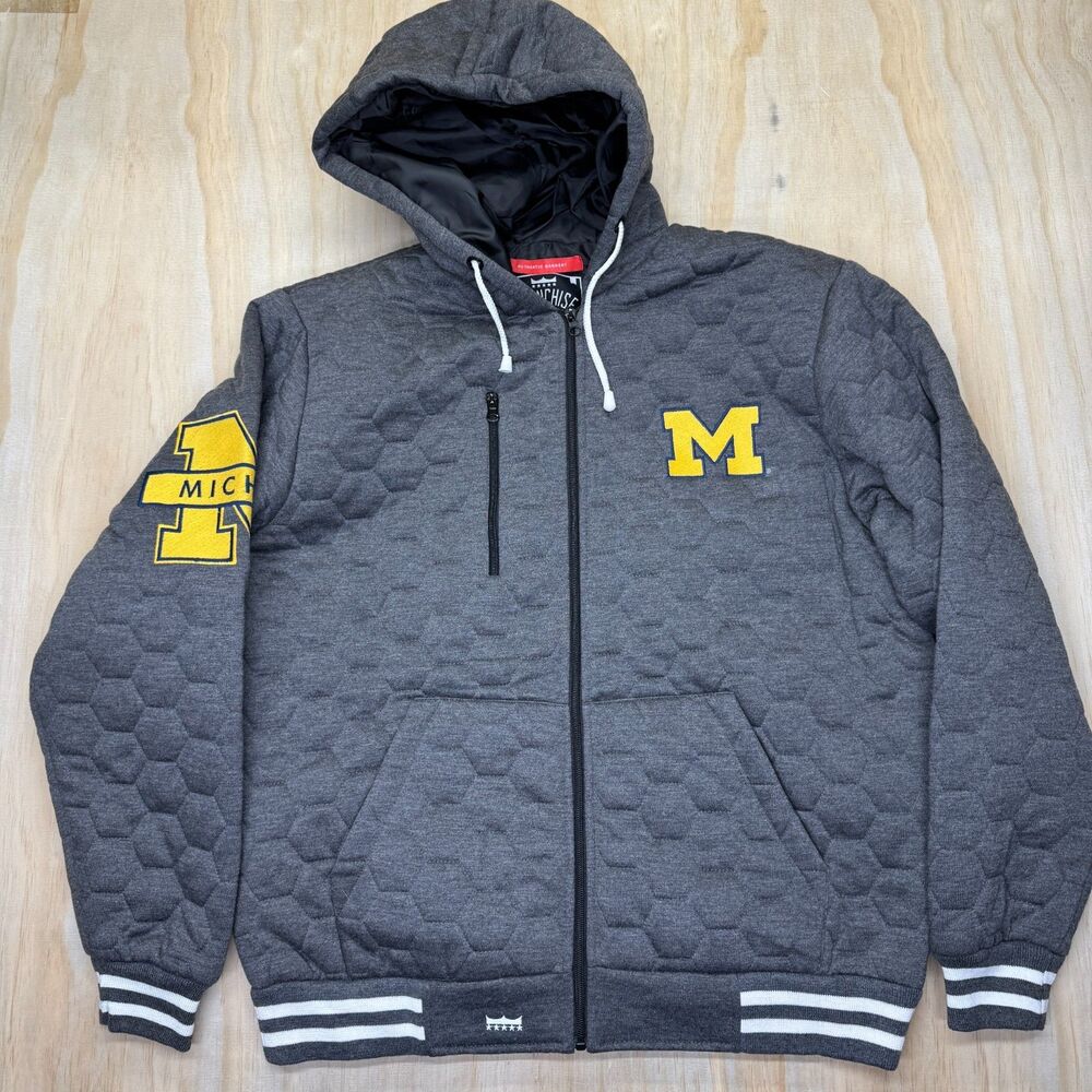 NWOT Michigan Wolverines Franchise Club Mens Quilted Full Zip Jacket Sz LG Gray